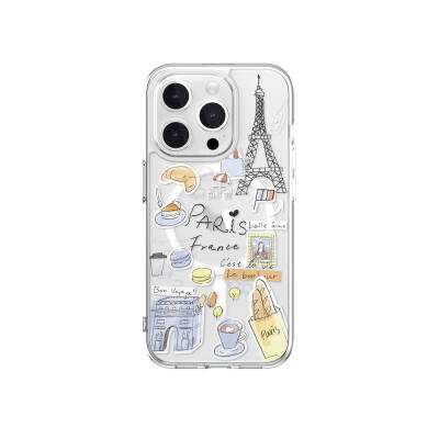 Apple iPhone 15 Pro Case Magsafe Charging Featured Drawing Patterned Shock Preventive Transparent Licensed Switcheasy City-M Paris Cover Colorless