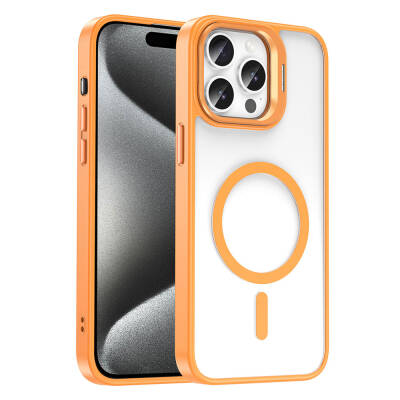 Apple iPhone 15 Pro Case Magsafe Charging Featured Stand Zore Magsafe Clone Lens Cover Orange