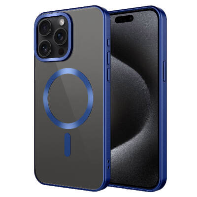 Apple iPhone 15 Pro Case Matte Design Zore Matte Setro Cover with Magsafe Wireless Charging Feature Navy blue