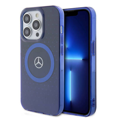 Apple iPhone 15 Pro Case Mercedes Benz Original Licensed Double Layer Blue Star Pattern Magsafe Charge Cover Blue