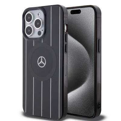 Apple iPhone 15 Pro Case Mercedes Benz Original Licensed Magsafe Double Layer Parallel Line Patterned Charge Cover Black