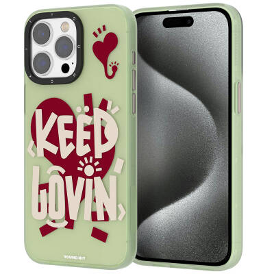 Apple iPhone 15 Pro Case Patterned Youngkit Happy Hearth Series Cover Su Yeşil