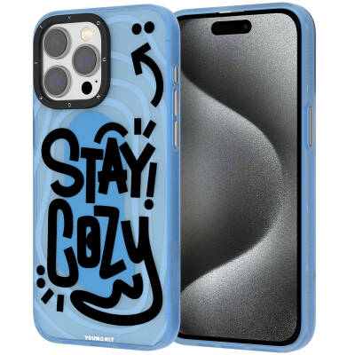 Apple iPhone 15 Pro Case Patterned Youngkit Happy Hearth Series Cover Blue