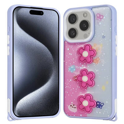 Apple iPhone 15 Pro Case Shining Glitter Relief Figured Zore Cevze Cover Mor Papatya