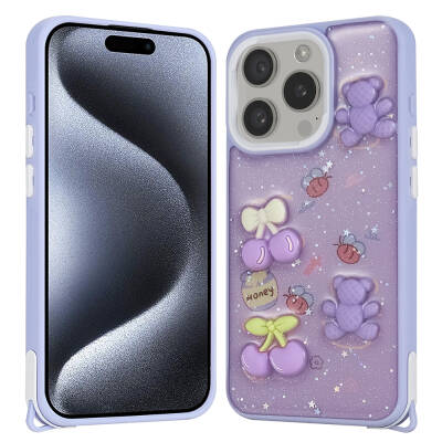 Apple iPhone 15 Pro Case Shining Glitter Relief Figured Zore Cevze Cover Mor Ayı