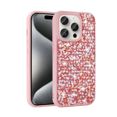 Apple iPhone 15 Pro Case Shiny Stone Design Zore Linea Cover Pink