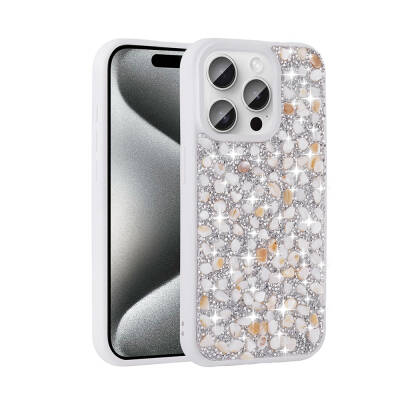 Apple iPhone 15 Pro Case Shiny Stone Design Zore Linea Cover White