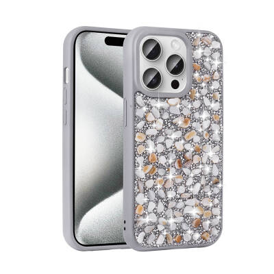 Apple iPhone 15 Pro Case Shiny Stone Design Zore Linea Cover Silver