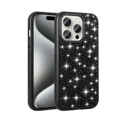 Apple iPhone 15 Pro Case Shiny Stone Design Zore Linea Cover Black