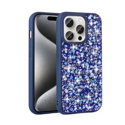 Apple iPhone 15 Pro Case Shiny Stone Design Zore Linea Cover Navy blue