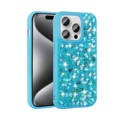 Apple iPhone 15 Pro Case Shiny Stone Design Zore Linea Cover Light Blue