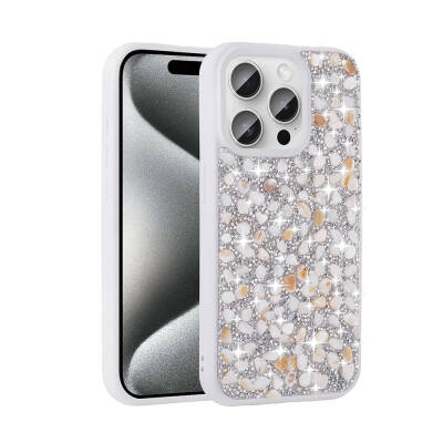 Apple iPhone 15 Pro Case Shiny Stone Design Zore Linea Diamond Cover White