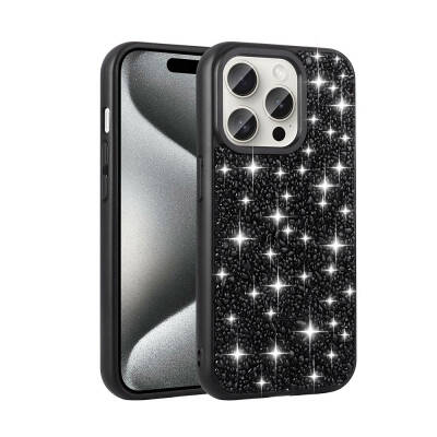 Apple iPhone 15 Pro Case Shiny Stone Design Zore Linea Diamond Cover Black