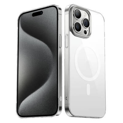 Apple iPhone 15 Pro Case Transparent G-Glass Cover with Zore Wireless Charging Feature Silver