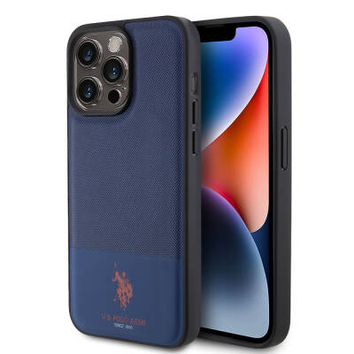 Apple iPhone 15 Pro Case U.S. Polo Assn. Original Licensed Faux Leather Back Surface Printing Logo Knitted Patterned Cover Navy blue