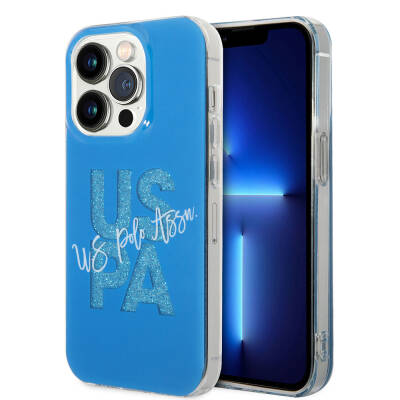 Apple iPhone 15 Pro Case U.S. Polo Assn. Original Licensed Glitter Glossy Alphabet Design Cover Blue