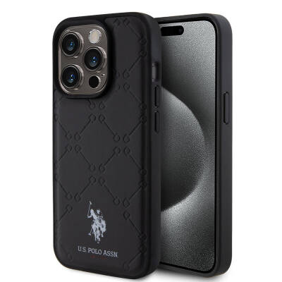 Apple iPhone 15 Pro Case U.S. Polo Assn. Original Licensed HS Patterned Printing Logo Faux Leather Cover Black