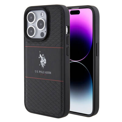 Apple iPhone 15 Pro Case U.S. Polo Assn. Original Licensed Leather Stripe Logo Design Cover Black