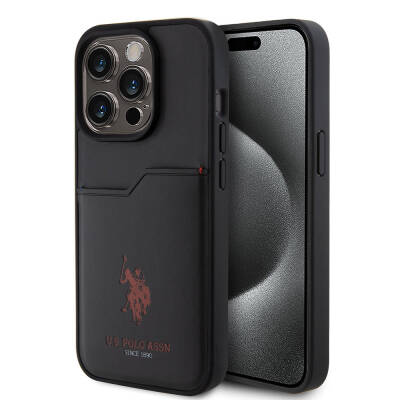 Apple iPhone 15 Pro Case U.S. Polo Assn. Original Licensed Printing Logo PU Card Holder Cover Black