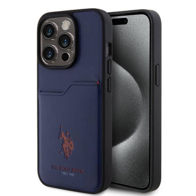 Apple iPhone 15 Pro Case U.S. Polo Assn. Original Licensed Printing Logo PU Card Holder Cover Navy blue