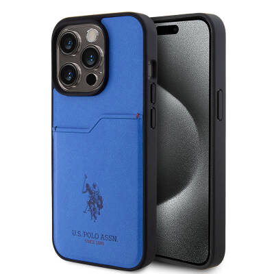 Apple iPhone 15 Pro Case U.S. Polo Assn. Original Licensed Printing Logo PU Card Holder Cover Blue