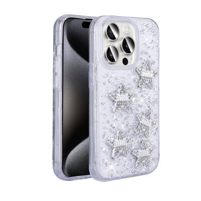 Apple iPhone 15 Pro Case with Airbag Glitter Back Surface Zore Shimmer Silicone Cover Beyaz-Yıldız