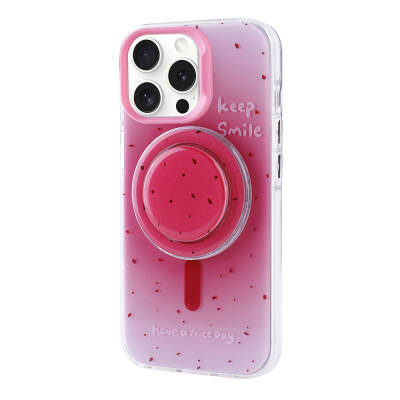 Apple iPhone 15 Pro Case Zore Tiktok Cover with Magsafe Charging Feature and Plug-in Pop Socket Dark Pink