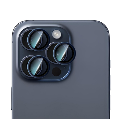 Apple iPhone 15 Pro Max CaseWorld Alloy Serisi Oleofobik Anti Reflective Kamera Lens Koruyucu Mavi
