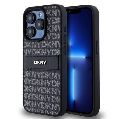 Apple iPhone 15 Pro Kılıf DKNY Orjinal Lisanslı 3D Yazılı Repeat Texture Pattern Kapak Siyah