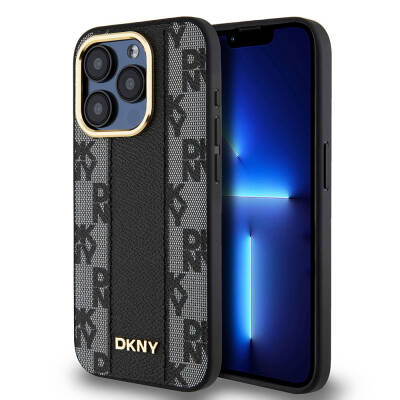 Apple iPhone 15 Pro Kılıf DKNY Orjinal Lisanslı Magsafe Şarj Özellikli 3D Yazılı Checkered Pattern Kapak Siyah