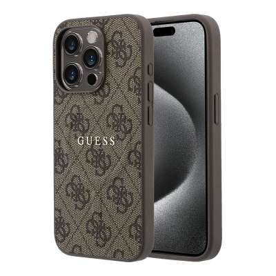 Apple iPhone 15 Pro Kılıf Guess Orjinal Lisanslı M-safe Kabartmalı 4G Desenli Yazı Logolu Kapak Kahverengi