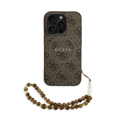 Apple iPhone 15 Pro Kılıf Guess Orjinal Lisanslı M-safe Şarj Özellikli PU Deri Bilek Askı İpli Yazı Logolu Kapak Kahverengi