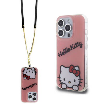 Apple iPhone 15 Pro Kılıf Hello Kitty Orjinal Lisanslı Askılı Yazı ve İkonik Logolu Daydreaming Kapak Pembe