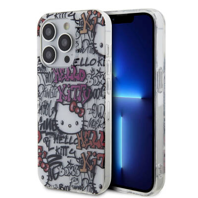 Apple iPhone 15 Pro Kılıf Hello Kitty Orjinal Lisanslı İkonik Logolu Etiket Graffiti Kapak Beyaz