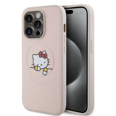 Apple iPhone 15 Pro Kılıf Hello Kitty Orjinal Lisanslı Magsafe Şarj Özellikli Baskı Logolu Uyuyan Kitty Deri Kapak Pembe