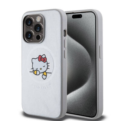 Apple iPhone 15 Pro Kılıf Hello Kitty Orjinal Lisanslı Magsafe Şarj Özellikli Baskı Logolu Uyuyan Kitty Deri Kapak Gümüş