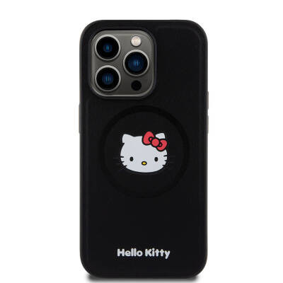 Apple iPhone 15 Pro Kılıf Hello Kitty Orjinal Lisanslı Magsafe Şarj Özellikli Kitty Head Deri Kapak Siyah