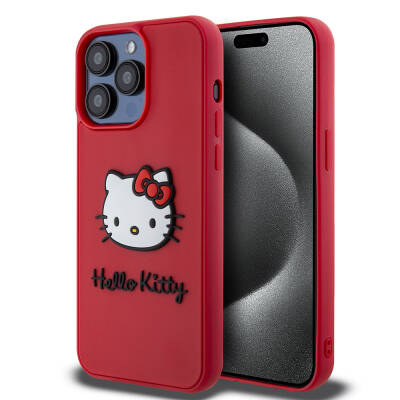 Apple iPhone 15 Pro Kılıf Hello Kitty Orjinal Lisanslı Yazı ve İkonik Logolu 3D Rubber Kitty Head Kapak Kırmızı