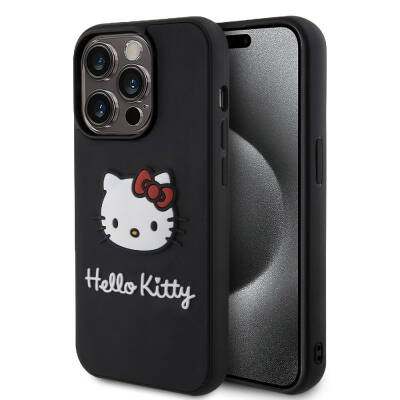 Apple iPhone 15 Pro Kılıf Hello Kitty Orjinal Lisanslı Yazı ve İkonik Logolu 3D Rubber Kitty Head Kapak Siyah