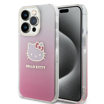 Apple iPhone 15 Pro Kılıf Hello Kitty Orjinal Lisanslı Yazı ve İkonik Logolu Elektroplating Kaplama Gradyan Kapak Pembe