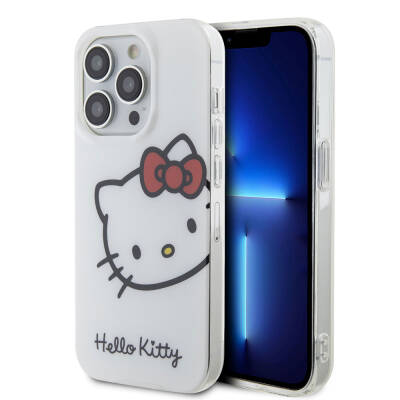 Apple iPhone 15 Pro Kılıf Hello Kitty Orjinal Lisanslı Yazı ve İkonik Logolu Kitty Head Kapak Beyaz