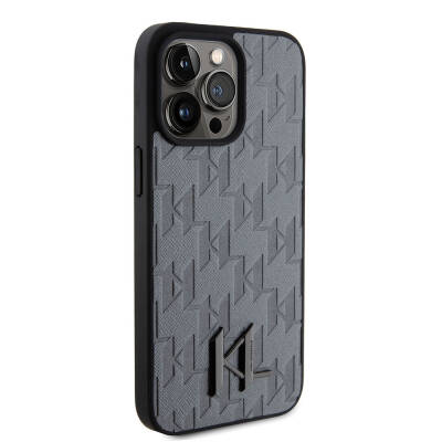 Apple iPhone 15 Pro Kılıf Karl Lagerfeld Hot Stamp K&L Metal Logo Orjinal Lisanslı Kapak Gri