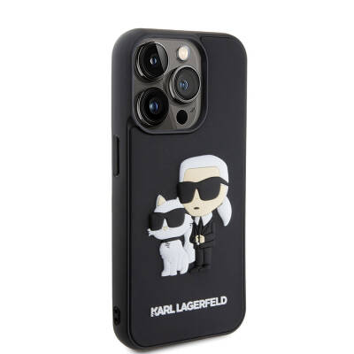 Apple iPhone 15 Pro Kılıf Karl Lagerfeld Silikon 3D K&C Logo Orjinal Lisanslı Kapak Siyah