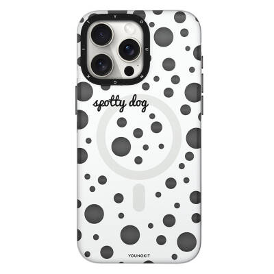 Apple iPhone 15 Pro Kılıf Magsafe Şarj Özellikli Polka Dot Desenli Youngkit Spots Serisi Kapak Beyaz