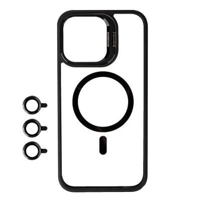 Apple iPhone 15 Pro Kılıf Magsafe Wireless Şarj Özellikli Standlı Zore Magsafe Klon Lensli Kapak Siyah