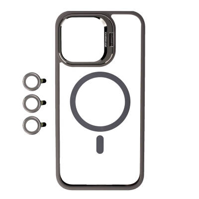 Apple iPhone 15 Pro Kılıf Magsafe Wireless Şarj Özellikli Standlı Zore Magsafe Klon Lensli Kapak Gri