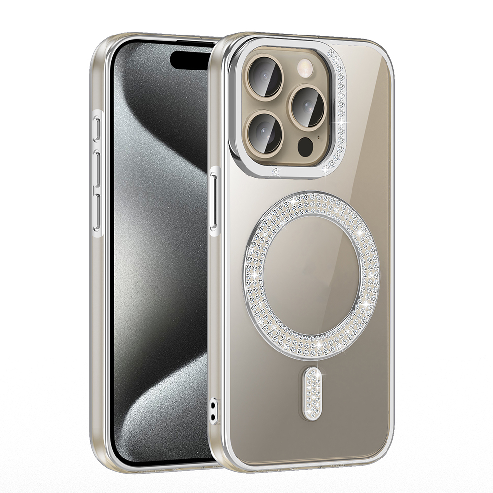 Apple iPhone 15 Pro Kılıf Pırlanta Taş Tasarımlı M-safe Şarj Özellikli Zore Karetta Silikon Kapak - 16
