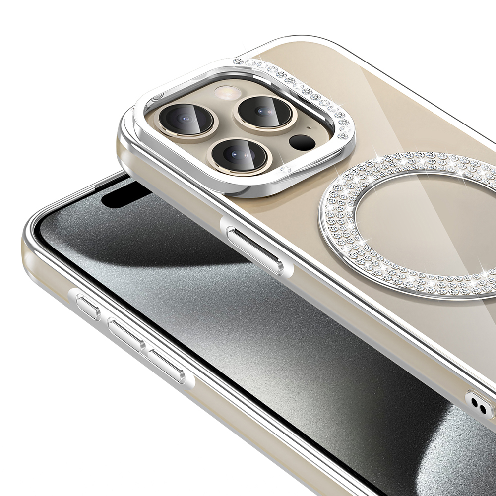 Apple iPhone 15 Pro Kılıf Pırlanta Taş Tasarımlı M-safe Şarj Özellikli Zore Karetta Silikon Kapak - 17