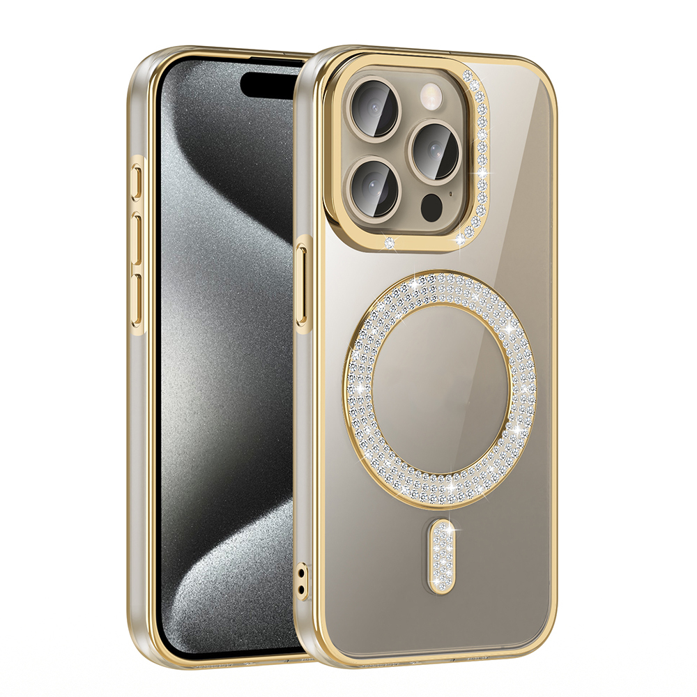 Apple iPhone 15 Pro Kılıf Pırlanta Taş Tasarımlı M-safe Şarj Özellikli Zore Karetta Silikon Kapak - 18