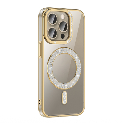 Apple iPhone 15 Pro Kılıf Pırlanta Taş Tasarımlı M-safe Şarj Özellikli Zore Karetta Silikon Kapak Gold